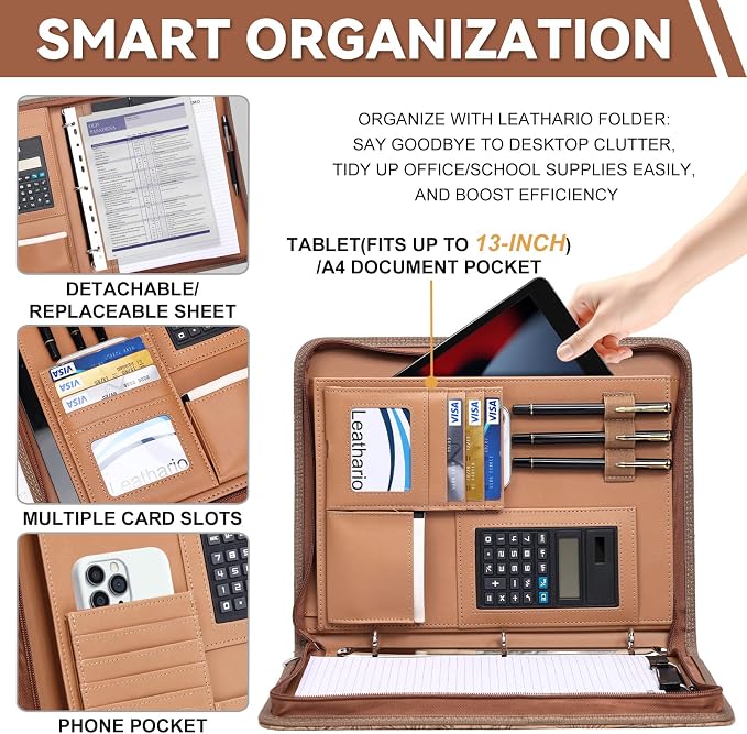 Leathario Portfolio Binder, Includes 5 Sheet Protectors and a Pen, 13 Inch - Image 5