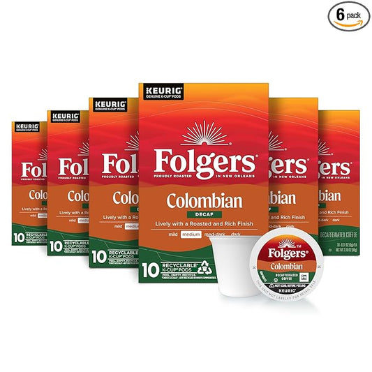 Folgers Colombian Decaf Coffee, Medium Roast, Keurig K-Cup pods, 10 Count Box (Pack of 6)-DeskLoop Office