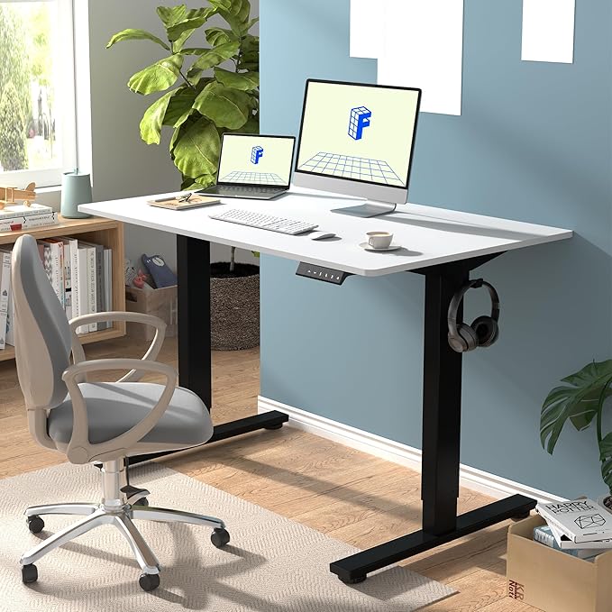 FLEXISPOT EN1 Whole-Piece Standing Desk - 48 x 30 Inches, Electric Height Adjustable, Heavy Duty Steel Frame with Automatic Smart Keypad (Black Frame + White Top, 2 Packages)-DeskLoop Office