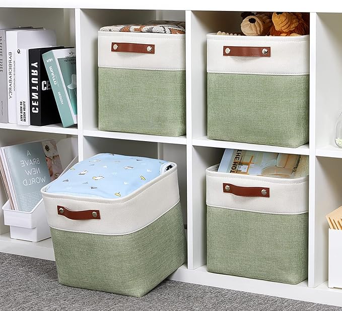 DULLEMELO Storage Baskets for Organizing, Fabric Storage Cubes for Dog Toy Box, 11 Inch Decorative Cube Storage Bins with handle for Baby Gift Basket(4 Pack - 11" White&Green)-DeskLoop Office
