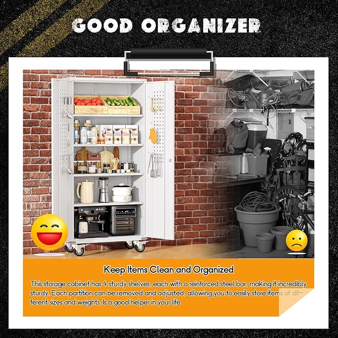 Greenvelly 72" Metal Storage Cabinet with Wheel and Pegboard, Lockable White Metal Garage Cabinets with 2 Doors and 4 Adjustable Shelves, Rolling Steel Tool Cabinet for Garage, Home Office, School-DeskLoop Office