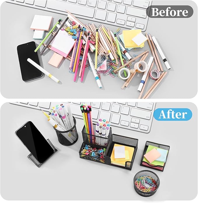 Mesh Pen Holder for Desk Pencil Holders 5 Pieces Desk Organizer Office Supplies Caddy with Sticky Notes Holder for Office School Home Black-DeskLoop Office