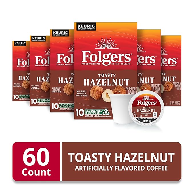 Folgers Toasty Hazelnut Artificially Flavored Coffee, Keurig K-Cup pods, 10 Count Box (Pack of 6)-DeskLoop Office