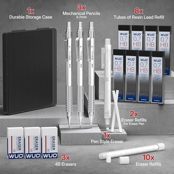 WUO Mechanical Pencils 0.7mm, 3 Silver Metal Drafting Pencils - Image 7