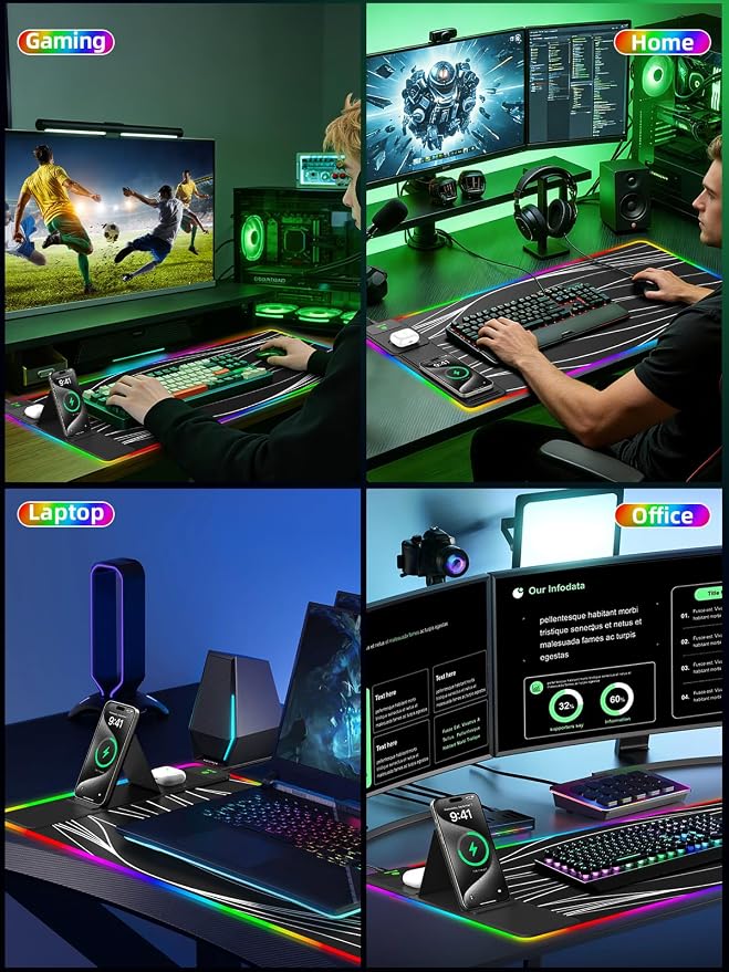 Mouse Pad with Foldable Phone Holder & Wireless Charger, XXL RGB Gaming - Image 8
