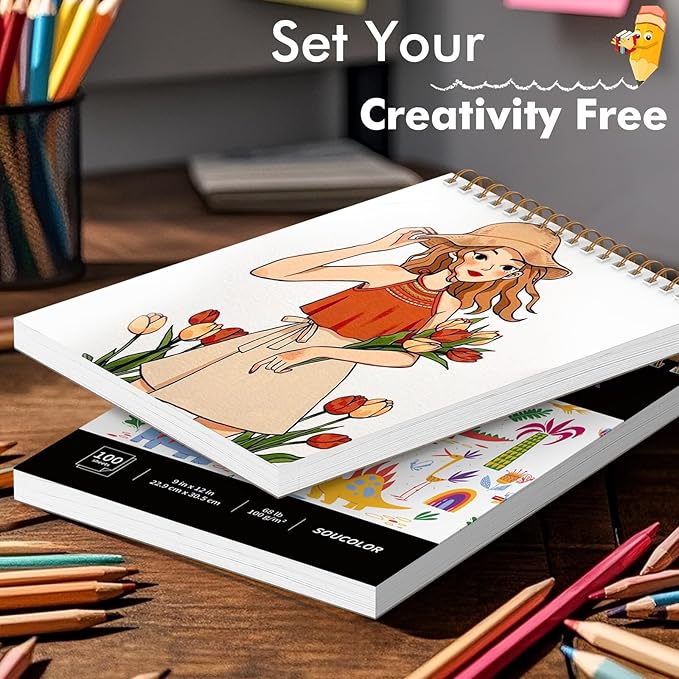 Soucolor 9" x 12" Kids Sketch Book, 100 Sheets Spiral Bound Art Sketchbook, Acid Free Artist Drawing Book Paper, Art Supplies for Adults, Craft Activities, Sketch Paper for Drawing Coloring Sketching-DeskLoop Office