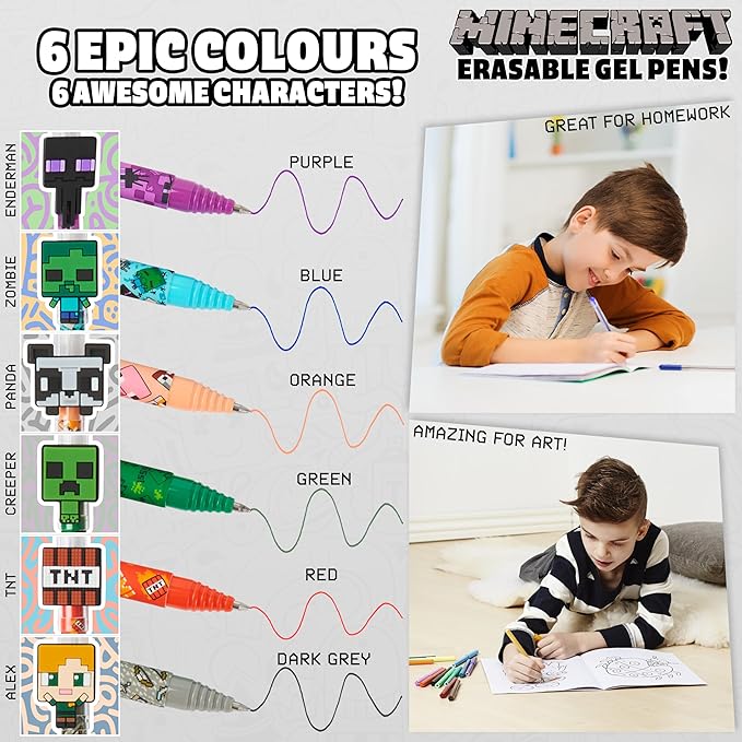 Minecraft Erasable Gel Pens Set, Colored Pens with Erasers Pack of 6, School Supplies - Gifts for Boys-DeskLoop Office