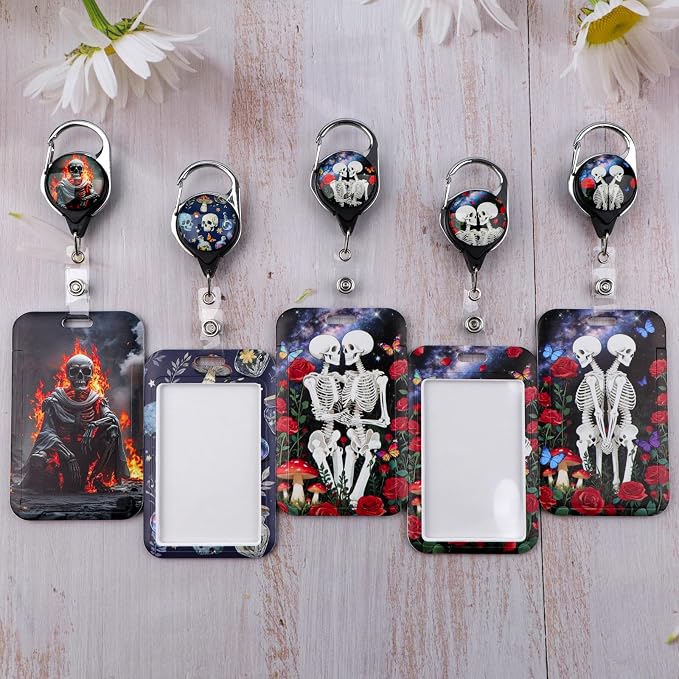 Cool Skeleton Skull ID Badge Holder Cute Rose Keychain Retractable Badge Reel - Image 2