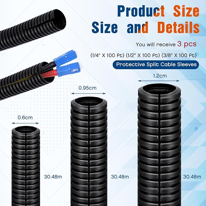 Sasylvia 1/4", 3/8" x 100ft Split Wire Loom Tubing Assortment Black Flexible - Image 2