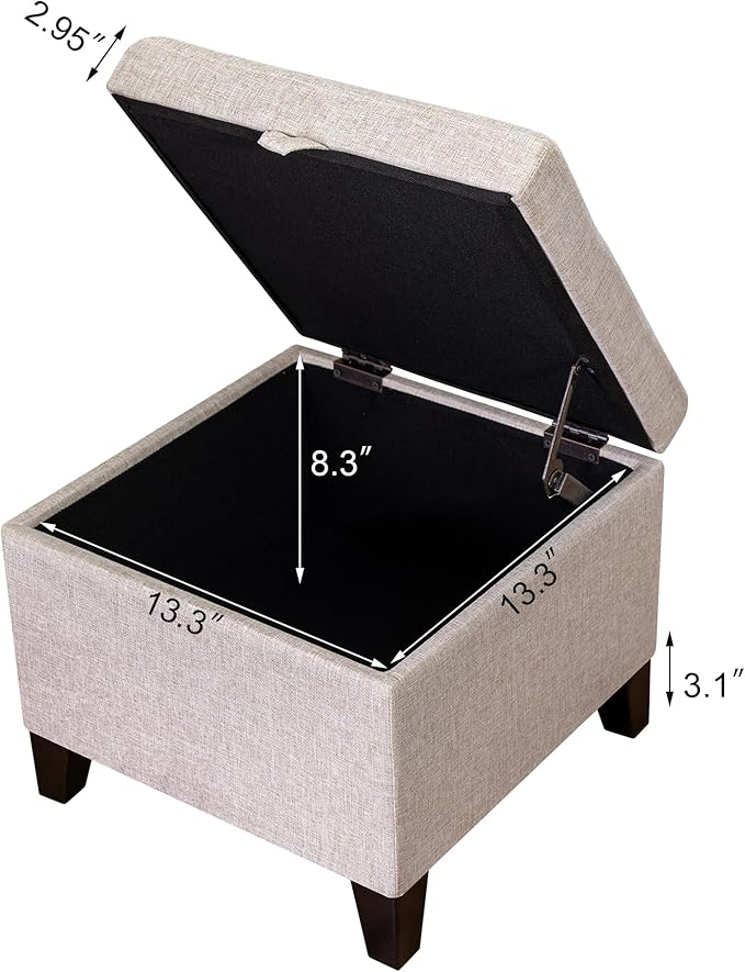 Adeco 18 Inch High Cube Ottoman Storage, Linen Chair Foot Stools, Upholstered Vanity Stool with Hinged Lid, Solid Wood Legs (Beige Grey)-DeskLoop Office