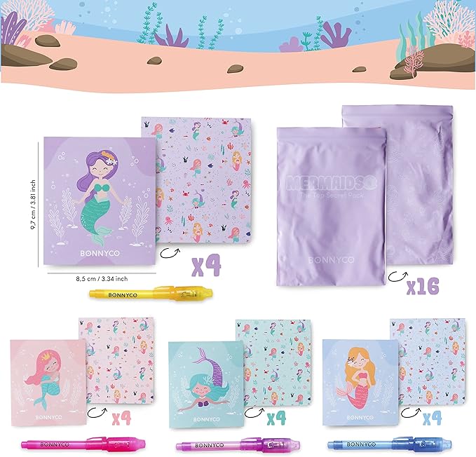 BONNYCO Invisible Ink Pen and Notebook Pack 16 Mermaid Party Favors for Kids, Magic Spy Pen Goodie Bags Stuffers for Kids, Mermaid Party Supplies, Goody Bag Stuffers | Return Gifts Birthday Prizes-DeskLoop Office