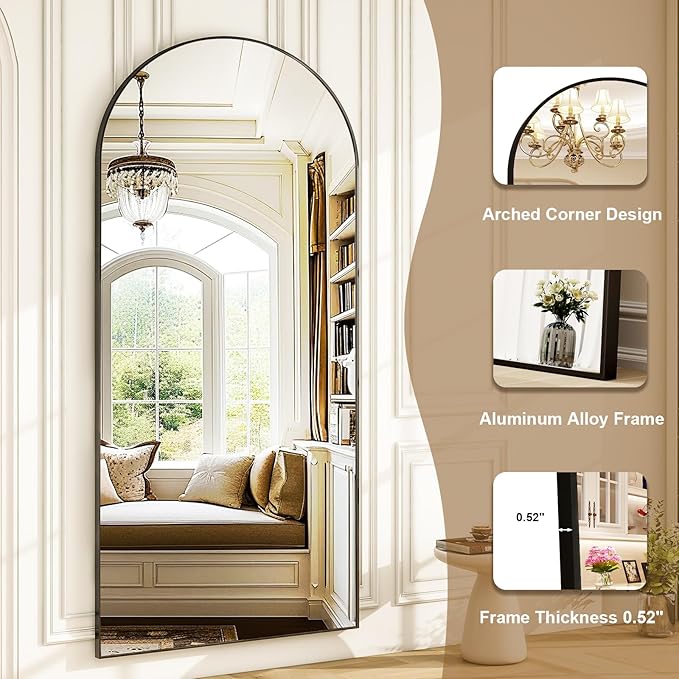 HARRITPURE 78" x 35" Arched Full-Length Mirror - Black Oversized Floor Mirror Free Standing Aluminum Frame Full Body Mirrors for Bedroom Cloakroom-DeskLoop Office