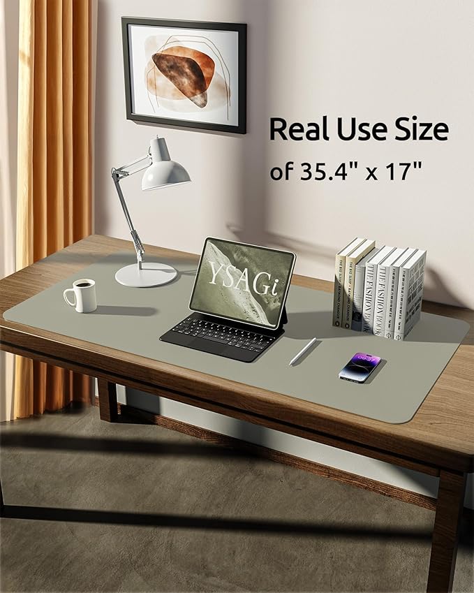 YSAGi Leather Desk Protector, Office Mat, Large Mouse Mat, Non-Slip PU Leather Blotter, Laptop Pad, Waterproof Writing Pad for Office and Home (Sage Green, 35.4" x 17")-DeskLoop Office
