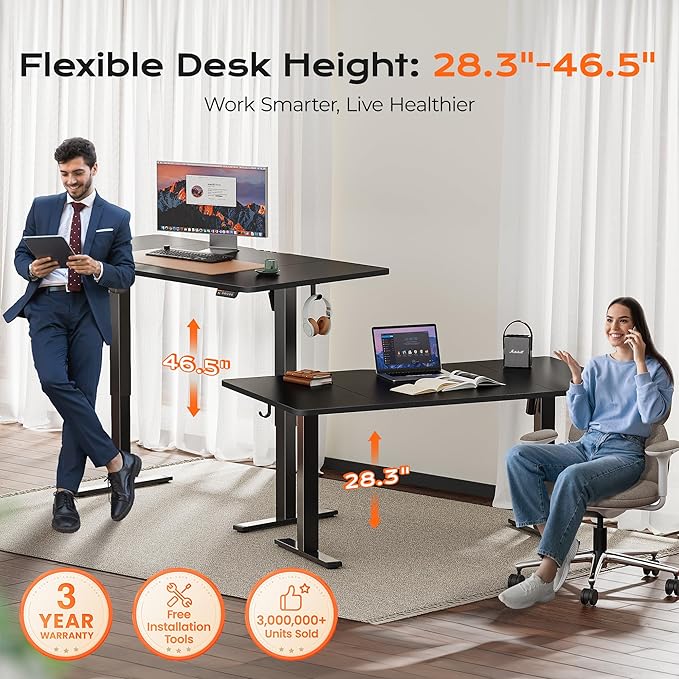 Huuger 63 x 28 Large Electric Standing Desk, Height Adjustable Computer Desk, 27.6" Deep Desktop, Stand up Gaming Office Table with 2 Hooks, 3 Preset Heights, for Home Office, Black-DeskLoop Office