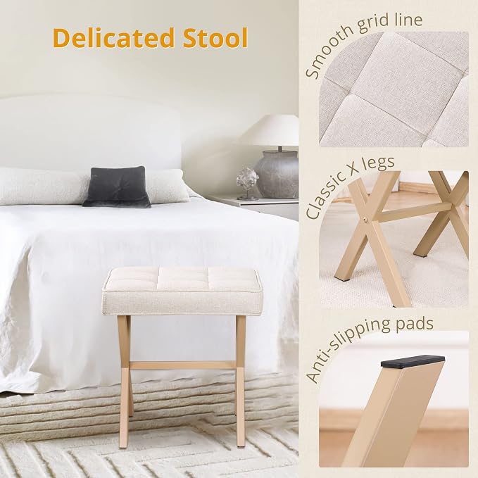 LUE BONA Square Linen Makeup Stool, Metal X Legs, Small Ottoman Stool Chair - Image 7