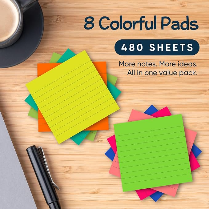 Lined Sticky Notes 3x3 Pack of 8, Bright Colored Super Self Sticky Pads - Image 9