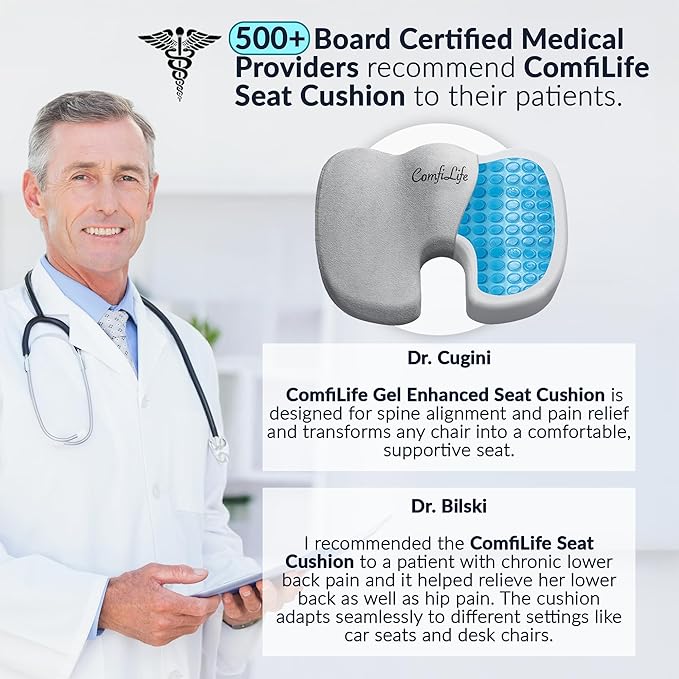 ComfiLife Gel Enhanced Seat Cushion – Office Chair Cushion – Non-Slip Gel & Memory Foam Coccyx Cushion for Tailbone Pain - Desk Chair Car Seat Cushions Driving - Sciatica & Back Pain Relief (Gray)-DeskLoop Office
