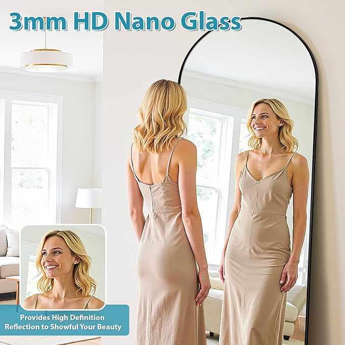Full Length Mirror, 71"x28" Oversized Floor Mirror Freestanding, Full Body Mirror Floor Standing Mirrors with Stand, Hanging Mounted Mirrors for Bedroom Living Room, Black, Arched Style-DeskLoop Office