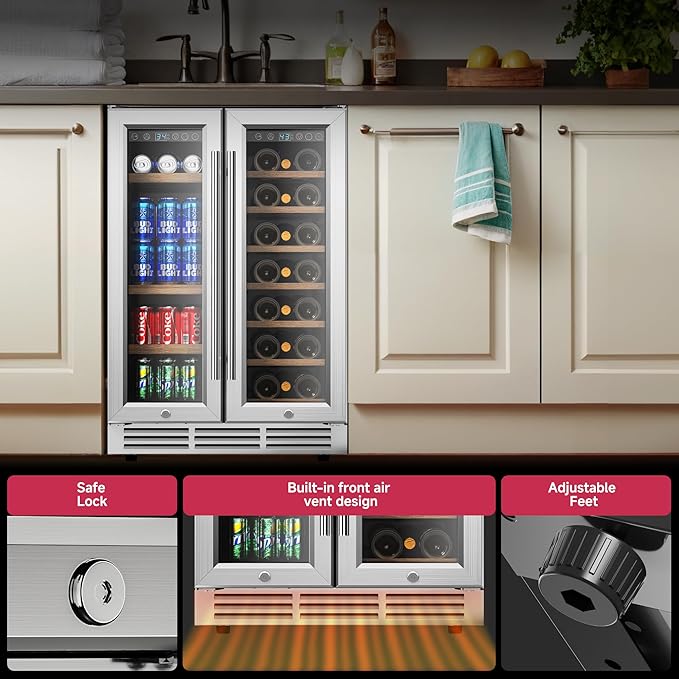 24" Wine and Beverage Refrigerator, Dual Zone Wine Cooler with Glass Door, Hold 88 Cans & 21 Bottles, Built in or Freestanding Under Counter Wine Fridge with Blue LED Light.-DeskLoop Office