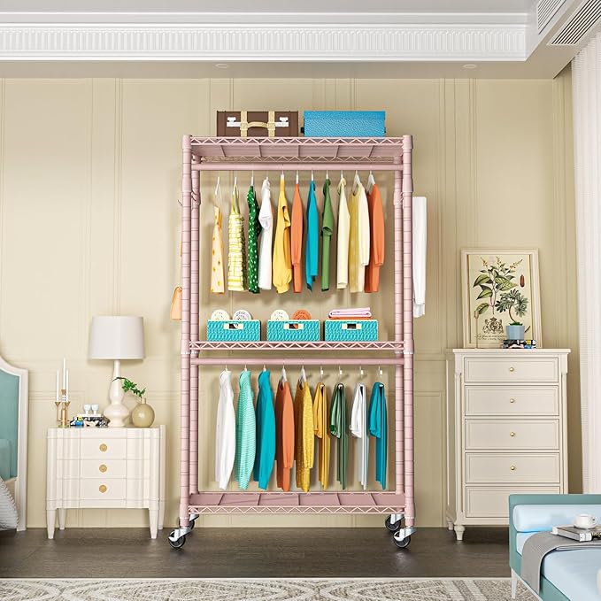 P1 Heavy Duty Garment Rack, 3 Tiers Adjustable Rolling Metal Closet Organizer with Lockable Wheels, FreeStanding Wardrobe with Double Hanger Rods & 1 Pair Hooks, Max Load 450 LBS, Pink-DeskLoop Office