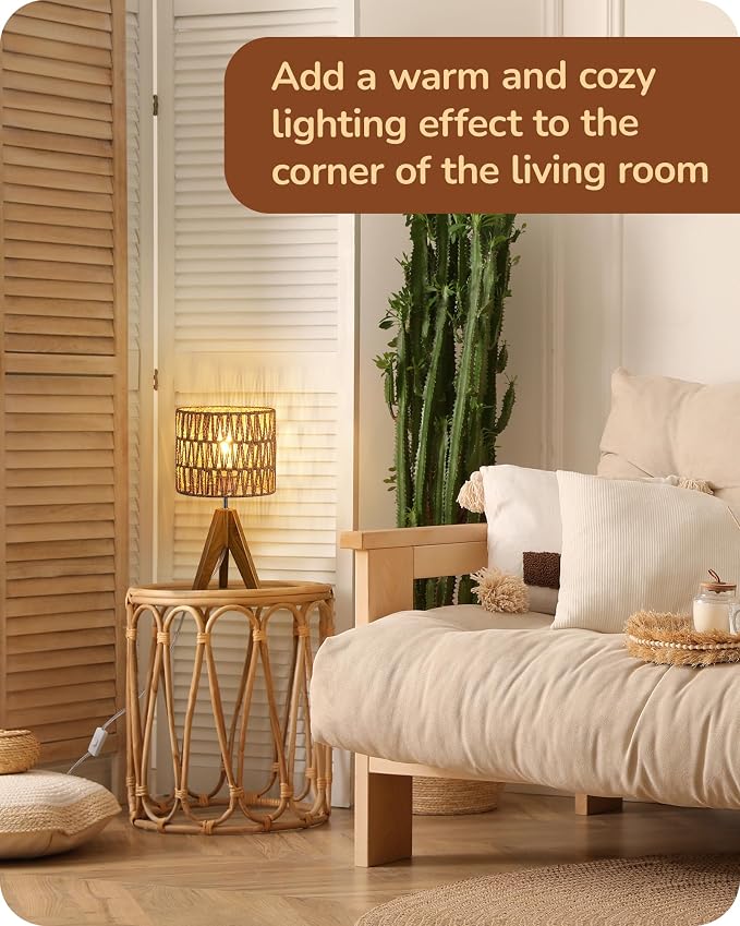 EDISHINE Small Table Lamp, Rattan Wood Tripod Bedside Lamp, Boho Nightstand Lamp - Image 6