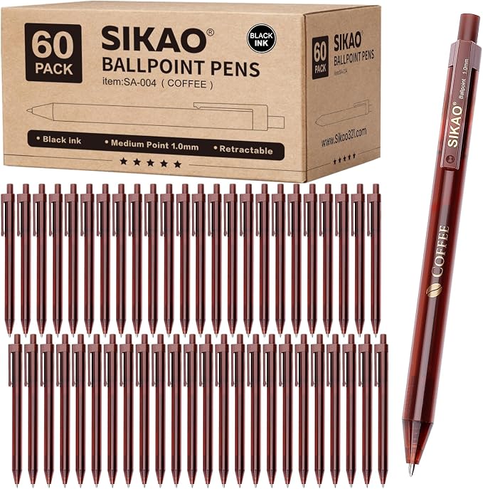Black Pens Bulk, 60 Pack Retractable Ballpoint Pens “COFFEE” | Black Ink 1.0mm by Sikao