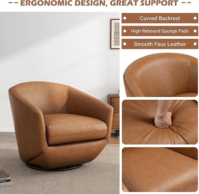 UIXE 360° Swivel Barrel Accent Chair, PU Leather Upholstered Club Armchair for Living Room, Modern Round Arm Chair Single Sofa Bedroom Reading Seating (Brown)-DeskLoop Office