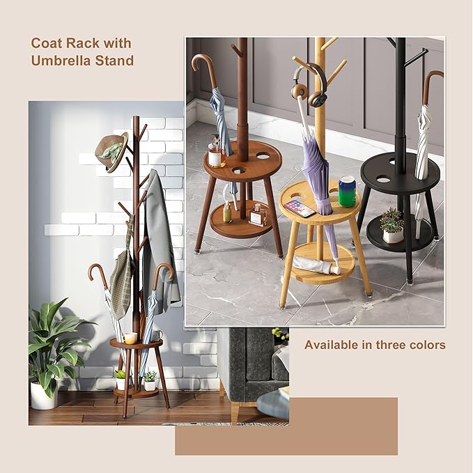FILWH Freestanding Coat Rack with Umbrella Organizer Tray Bamboo Coat Tree Rack with 8 Hook Stand for Clothes Bag Hats Entryway Hanger Stand(Brown)-DeskLoop Office