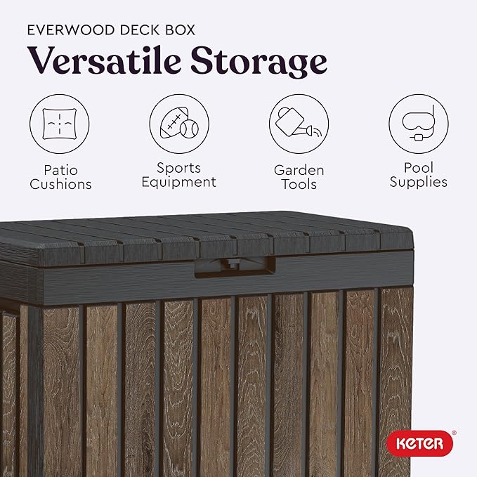 Keter Signature Everwood 50 Gallon Resin Outdoor Storage Box and Patio Furniture Side Table for Pool and Garden Accessories, Walnut-DeskLoop Office