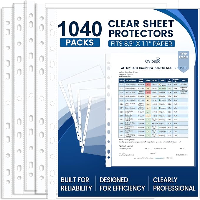 1040 Pack Clear Sheet Protectors 8.5 x 11 Inch Easy-Open, Transparent Plastic by Ovlospa