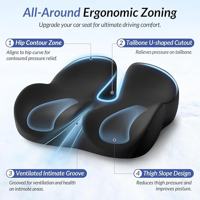 ZIKEE Gel Seat Cushion for Office Chair and Car Seat with Ergonomic Zoning, Memory Foam Chair Cushion for Sciatica, Lower Back, Tailbone Pain Relief and Intimate Ventilation, Non-Slip & Airy Cover-DeskLoop Office