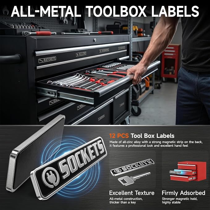 12 PCS Metal Magnetic Tool Box Labels, Embossed Tool Box Labels Magnet - Image 2