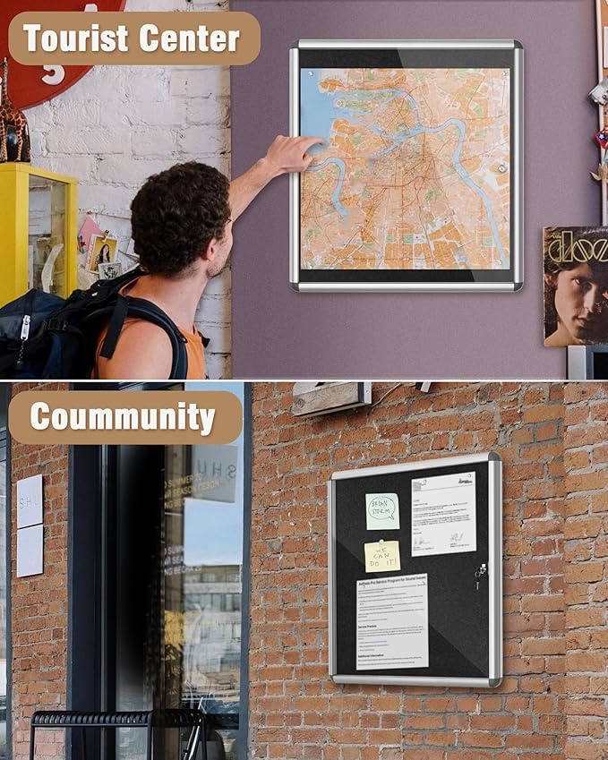 28"x26" Enclosed Bulletin Board, Lockable Weather-Resistant Aluminum Cork Noticeboard for School & Office, Silver Frame w/Black Flet-DeskLoop Office