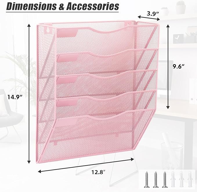 EASEPRES 5 Pocket Mesh Hanging Wall File Organizer, Wall Mounted Mail Paper Document Folder Holder, Clipboard Storage Organization Magazine Rack with Nametag Label for Office Home School, Pink-DeskLoop Office