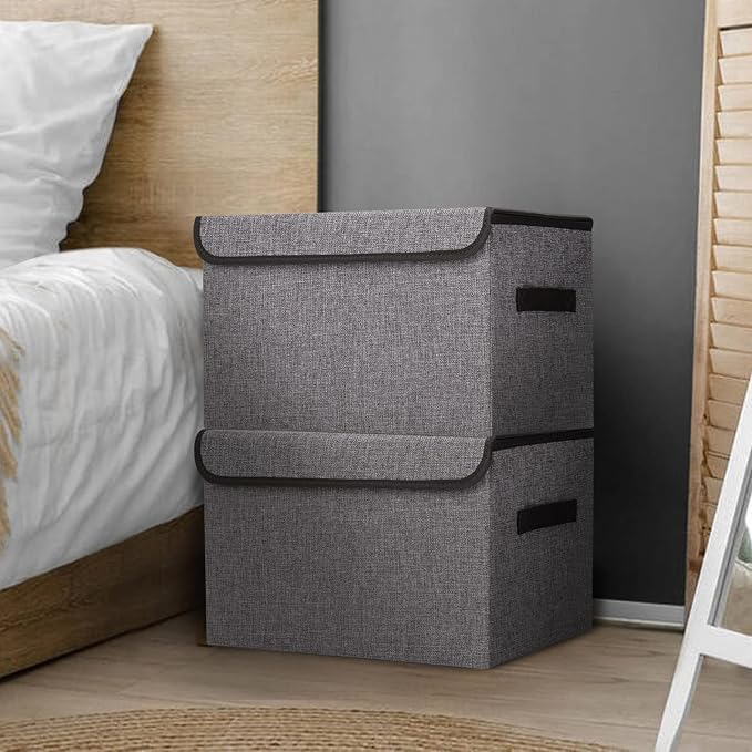 Large 17" 42 Quarts Collapsible Stackable Storage Bins with Lids [3-Pack] Foldable Fabric Linen Storage Boxes Cube, Closet Organizer Baskets with Label for Home (16.7 x 12 x 12, Gray)-DeskLoop Office