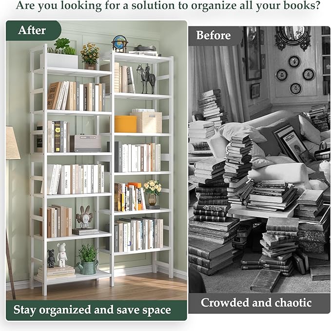 Homykic Double Wide Bamboo Bookshelf White, 6-Tier Large Open Bookcase with 12 Display Shelves, 6ft Tall Freestanding Book Shelf for Home Office, Bedroom, Living Room, Plants-DeskLoop Office