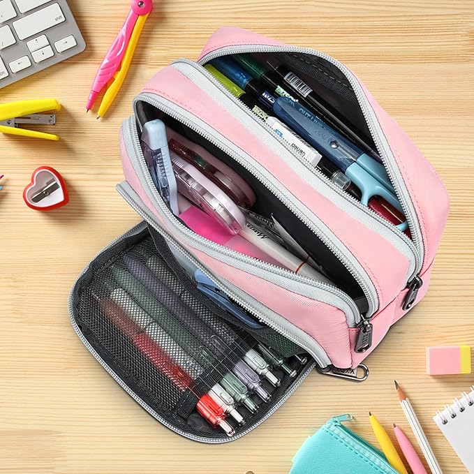 XQXA Pencil Pouch Cute Large Pencil Case Organizer, Multifunctional Big Capacity Pencil Pouch with 3 Compartmens, aesthetic school supplies Pencil Bag for Office Travel Men Women (01-Cherry Pink)-DeskLoop Office