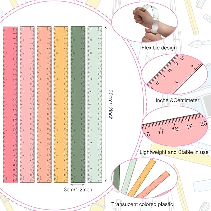 Panelee 108 Pcs 12 Inch Plastic Ruler Color Transparent Colorful Metric Clear Ruler with Inches and Centimeters for Kids School Home Classroom Office Back to School Gifts Supplies-DeskLoop Office