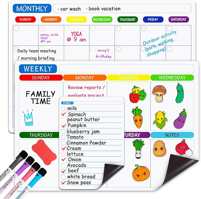 Kiditos Magnetic Calendar for Refrigerator, Dry Erase Whiteboard Set, Weekly & by Kiditos