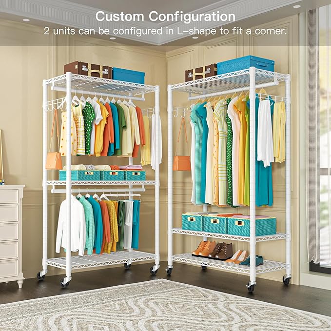 P1 Heavy Duty Garment Rack, 3 Tiers Adjustable Rolling Metal Closet Organizer with Lockable Wheels, FreeStanding Wardrobe with Double Hanger Rods & 1 Pair Hooks, Max Load 450 LBS, White-DeskLoop Office