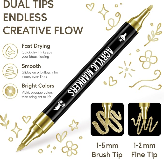 Pagather Gold Acrylic Paint Markers, 12 Pack Dual Tip - Image 2