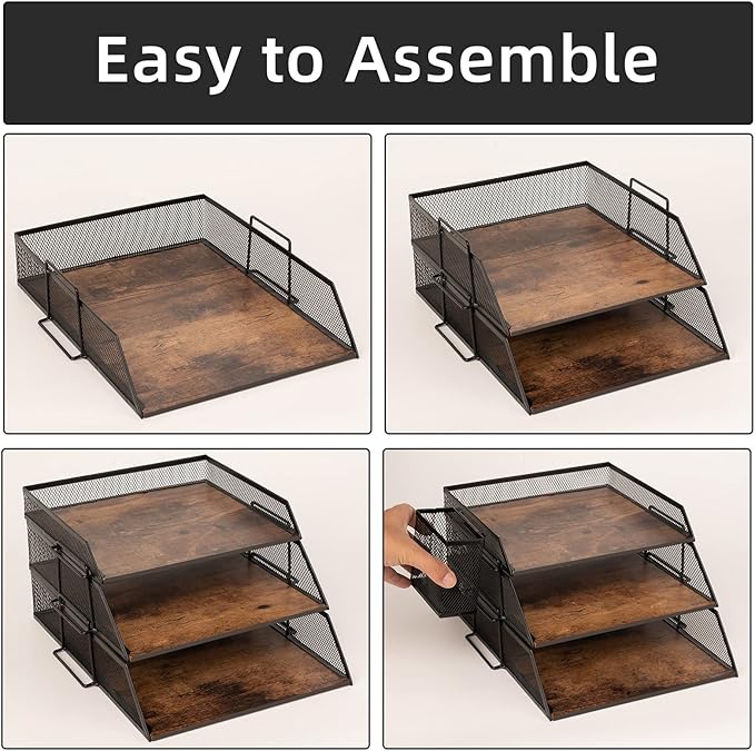 Vintage Wood & Metal Letter Tray， Stackable Desk Organizers Paper Tray， - Image 5