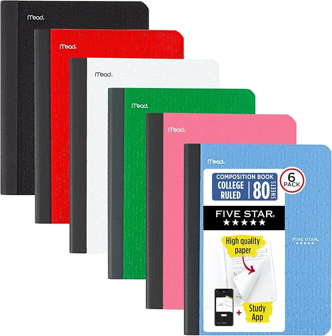 Five Star Composition Books + Study App, 6 Pack, College Ruled Paper, 9-3/4" x by FiveStar