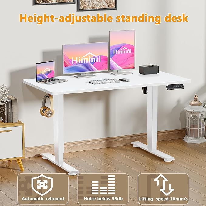 Himimi Electric Standing Desk 48 x 24 inch for Home Office,Sit-Stand Adjustable Desk with Memory Presets,Height Adjustable Desk for Gaming/Working,Free Hook, Lockable Wheels,White-DeskLoop Office