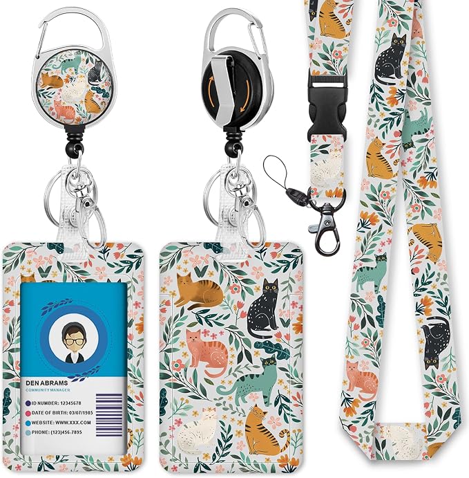Immaturus Floral Cat Lanyards for ID Badges, Cute Badge Holder by IMMATURUS