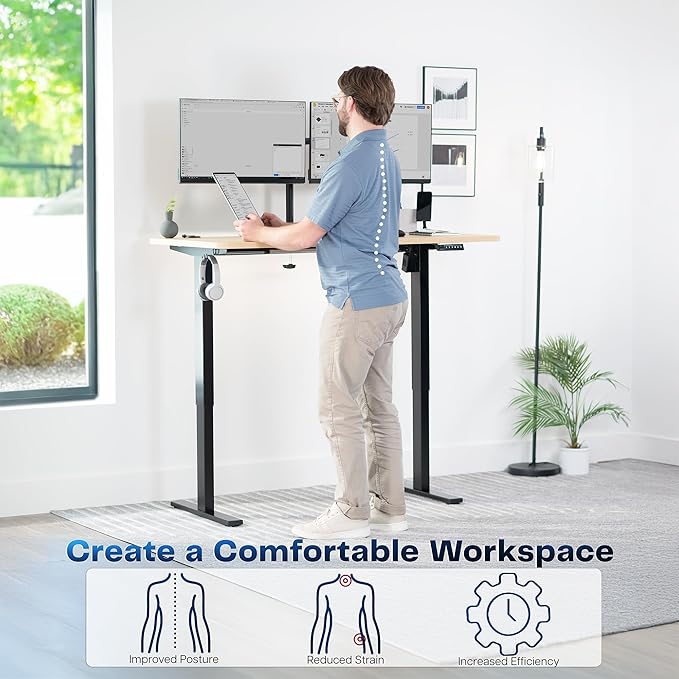 VIVO Electric 55 x 28 in Standing Desk, Memory Height Adjustment, 1B Series, One-Piece Light Wood Top, Black Frame, DESK-KIT-1B55C
