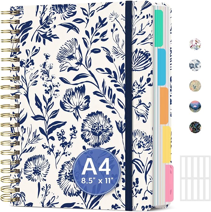 Large Lined Spiral Journal for Women Cute Hardcover 5 Subject Notebook for Work by Taja