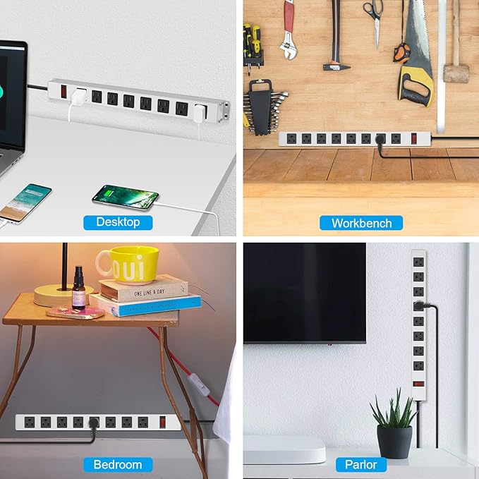 JUNNUJ Metal 8 Outlet Power Strip, Mountable Heavy Duty Power Strip, 1200J Surge Protector Wall Mount Screws Outlet with Switch, Gaming Desk Strips Wide Spaced 15A 125V 1875W, 15 FT 14AWG Power Cord-DeskLoop Office
