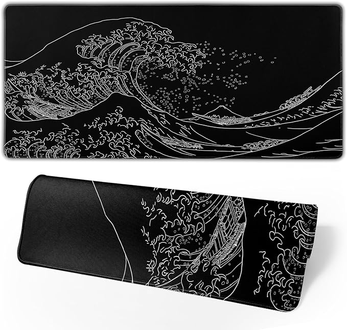 Japanese Sea Wave Large Mouse Pad, Anime Black Gaming, Extended Kanagawa Mat by Brecoy