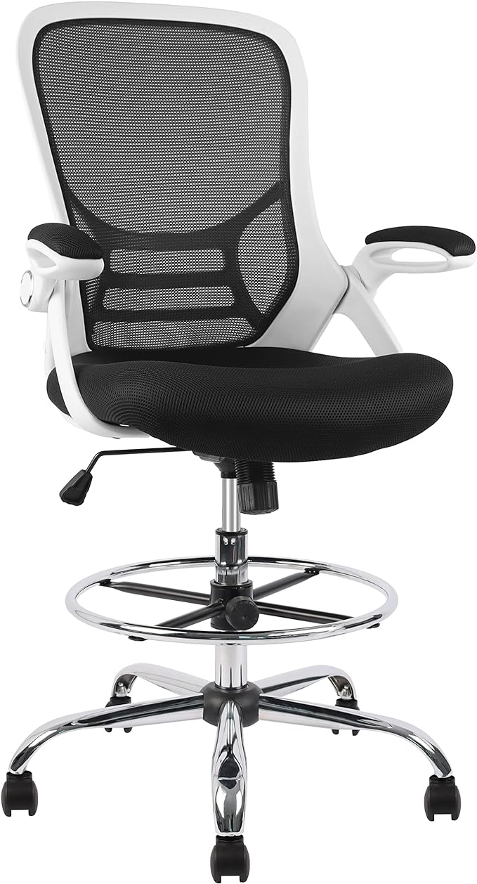 HYLONE Drafting Chair, Tall Office Chair Mesh Standing Desk Stool with Adjustable Foot Ring, Flip-Up Arms, White & Black-DeskLoop Office